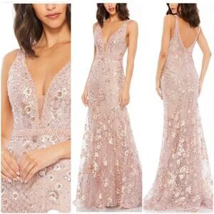 Mac Duggal Pink Floral Embellished Sleeveless Plunge Neck Gown 67481 size 6